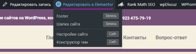 Пункты меню Elementor