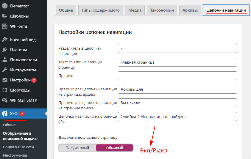 YoastSEO хлебные крошки