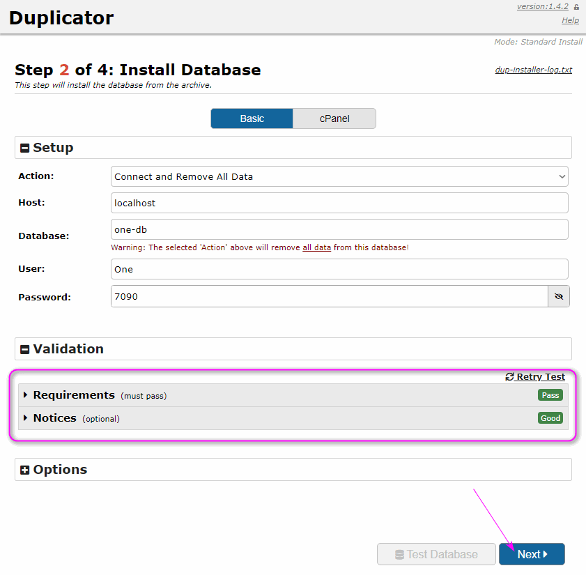 Duplicator восстановление из архива 3