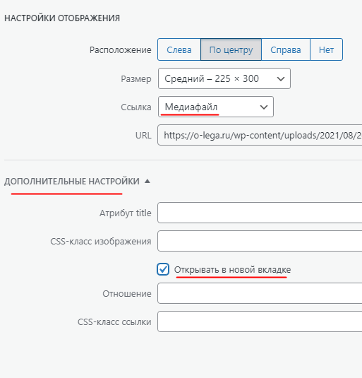 араметры отображения картинки на новой странице